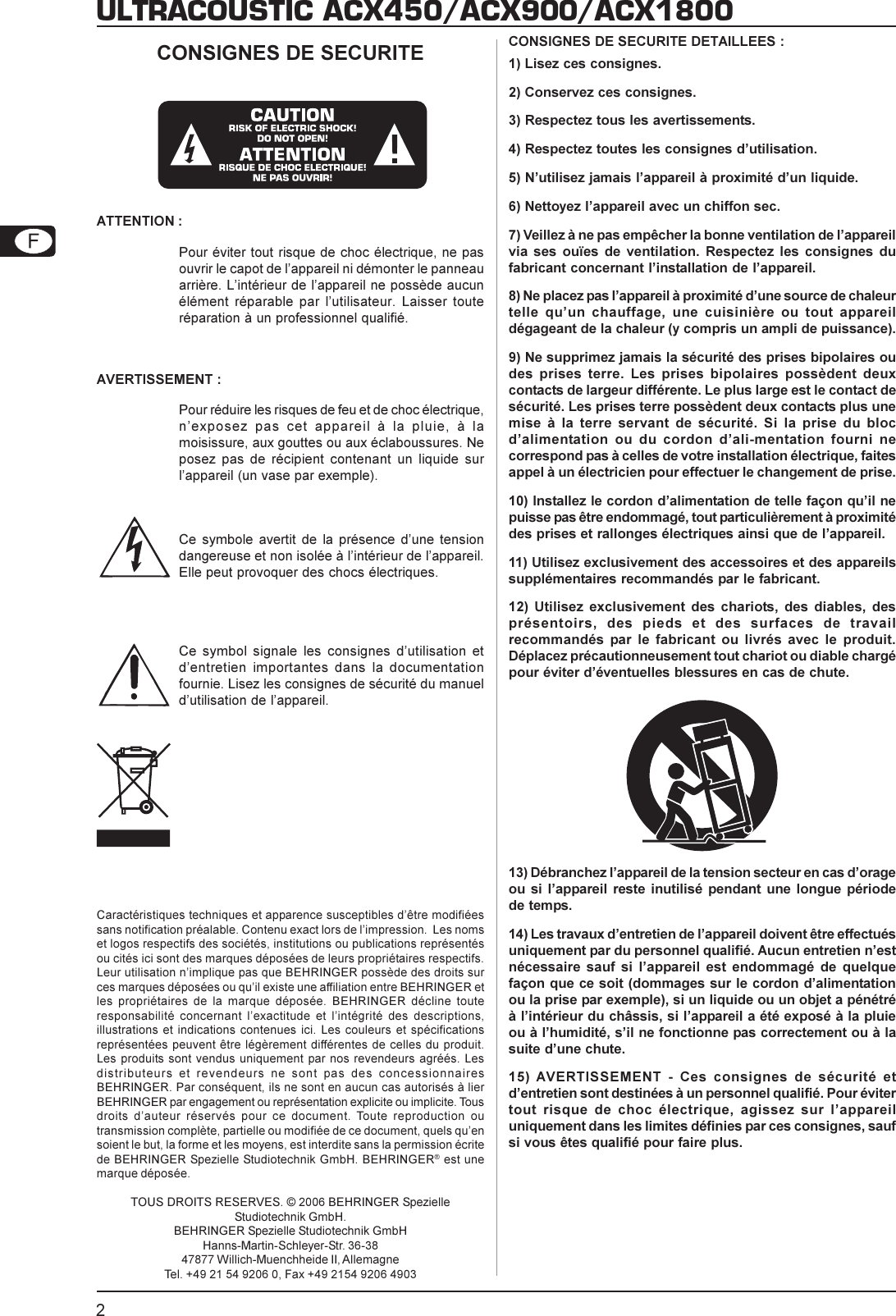 Page 2 of 9 - Behringer ACX1800 User Manual (French) P0357 M Fr