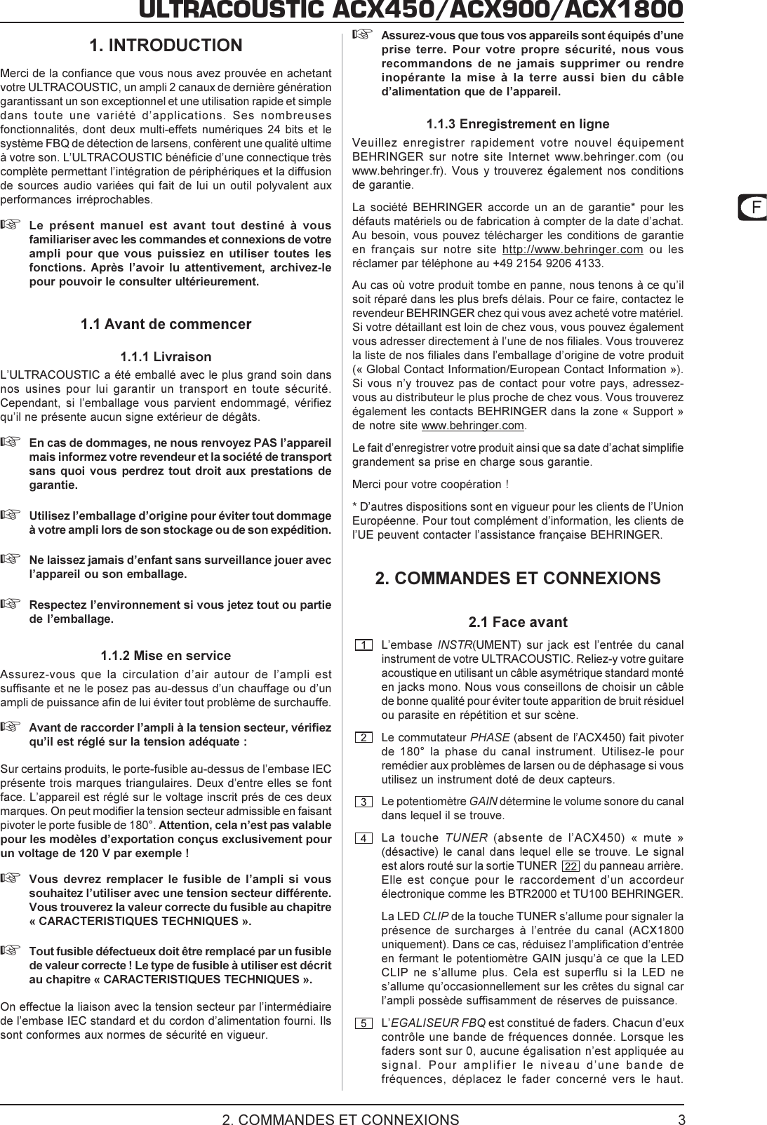 Page 3 of 9 - Behringer ACX1800 User Manual (French) P0357 M Fr