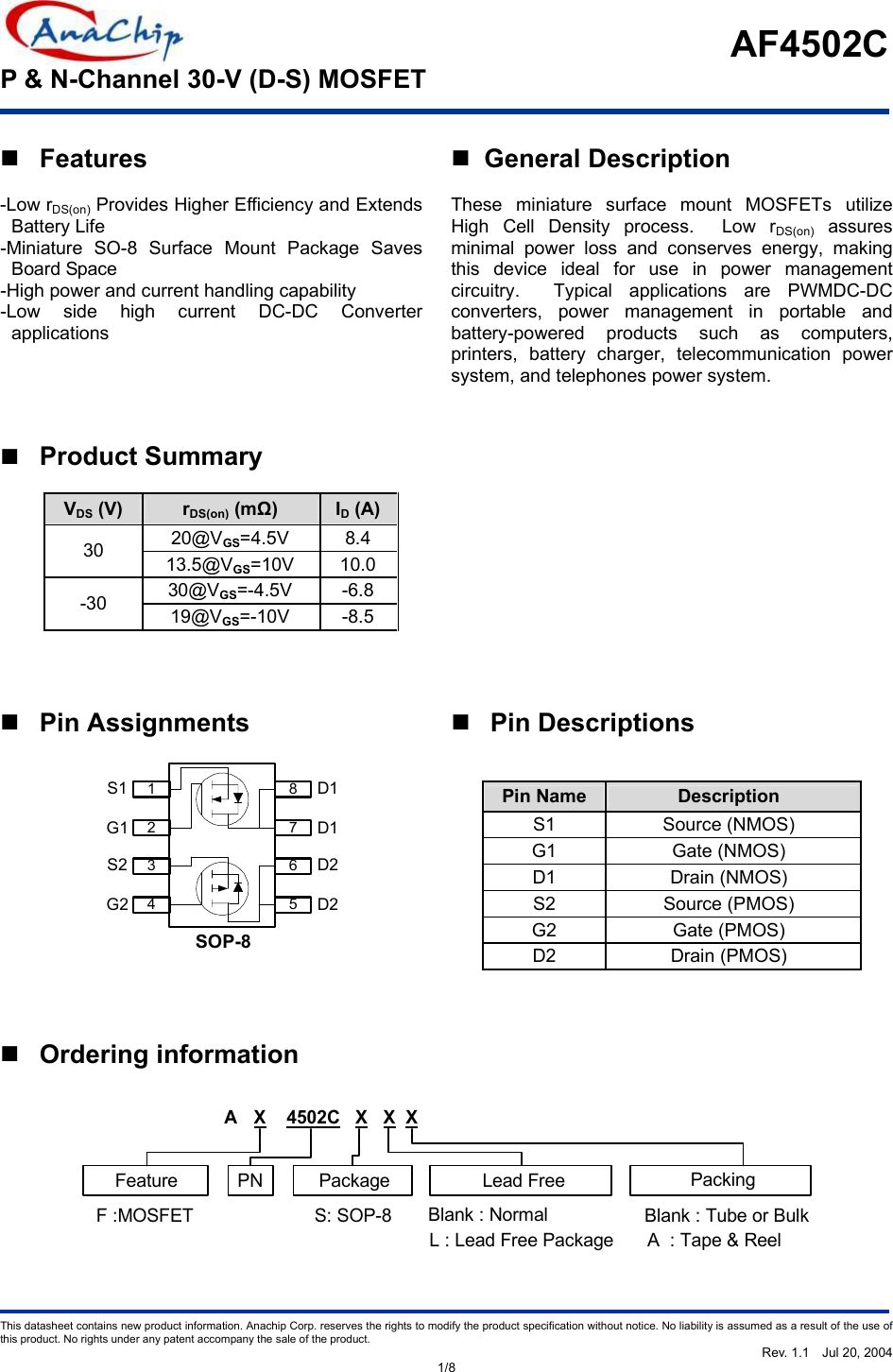Page 1 of 9 - AF4502C - Datasheet. Www.s-manuals.com. Anachip