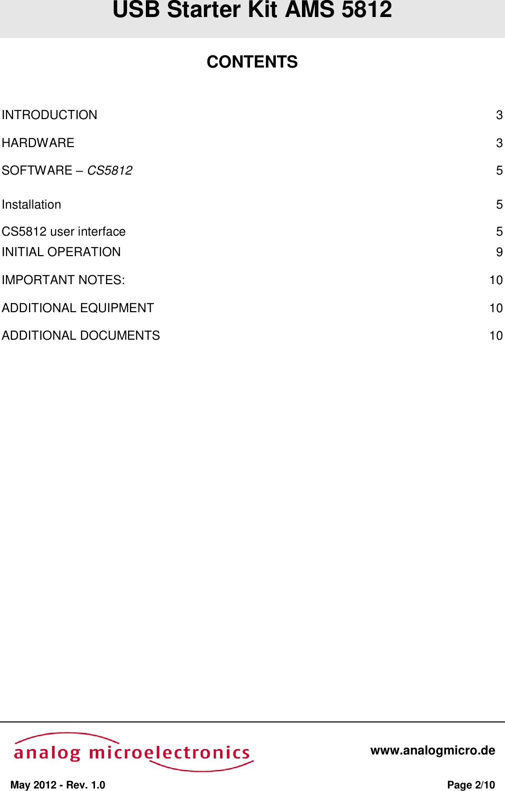 Page 2 of 10 - User Guide USB Starter Kit AMS 5812 Ams5812 Users Starterkit