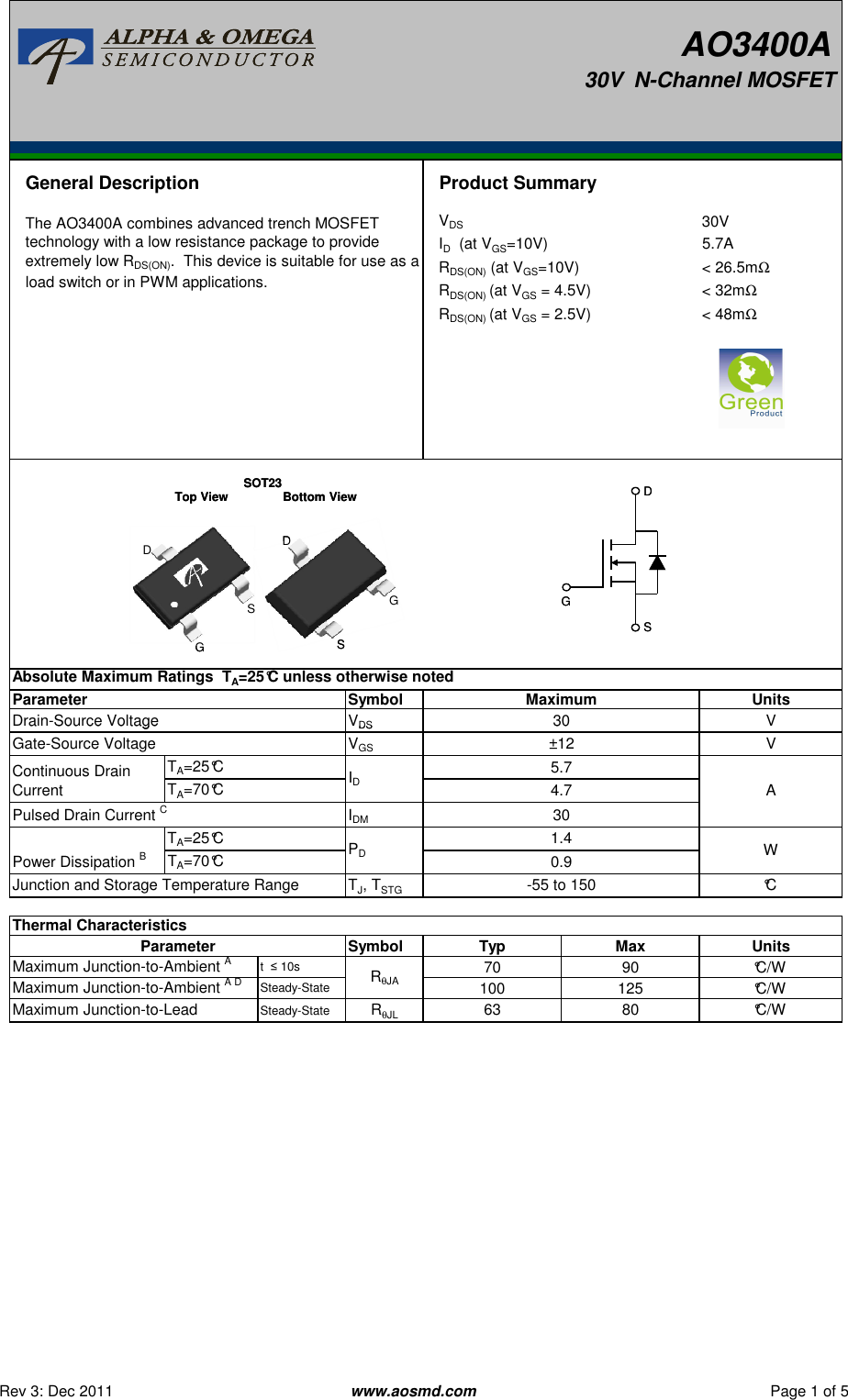 Page 1 of 7 - AO3400A - Datasheet. Www.s-manuals.com. R3 Ao