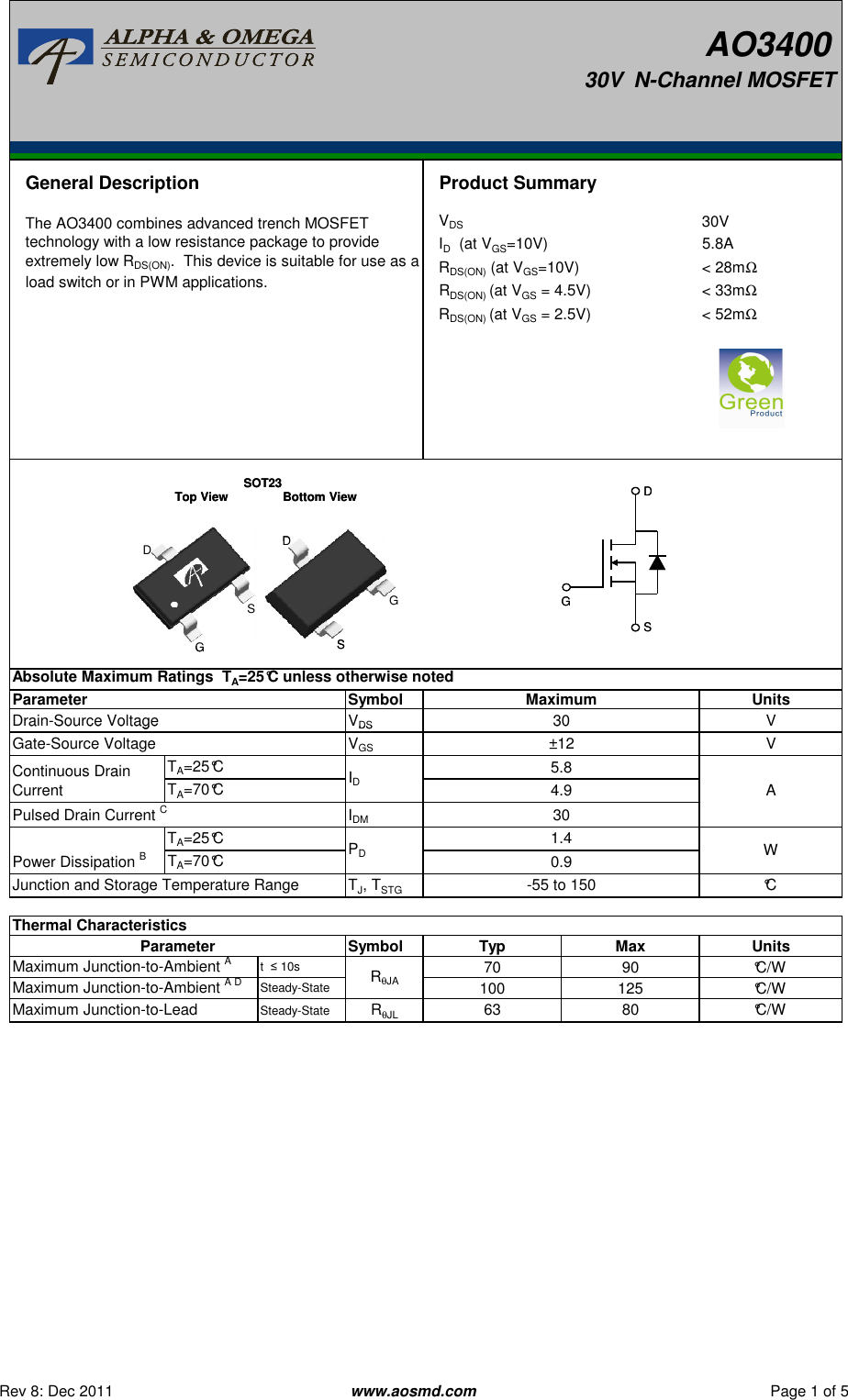 Page 1 of 7 - AO3400 - Datasheet. Www.s-manuals.com. R8 Ao