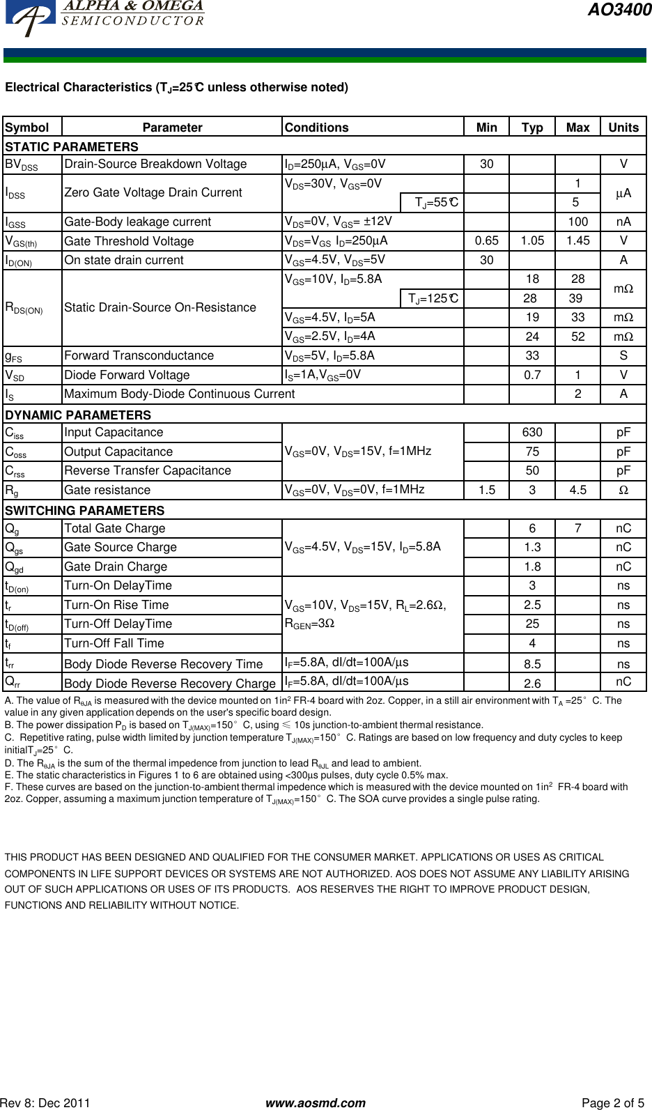 Page 2 of 7 - AO3400 - Datasheet. Www.s-manuals.com. R8 Ao