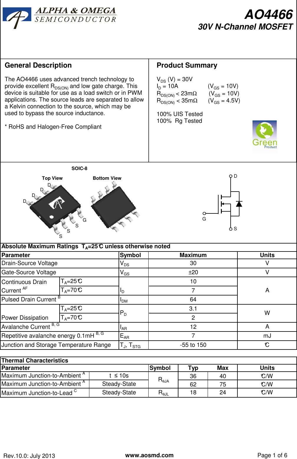 Page 1 of 8 - AO4466 - Datasheet. Www.s-manuals.com. Ao