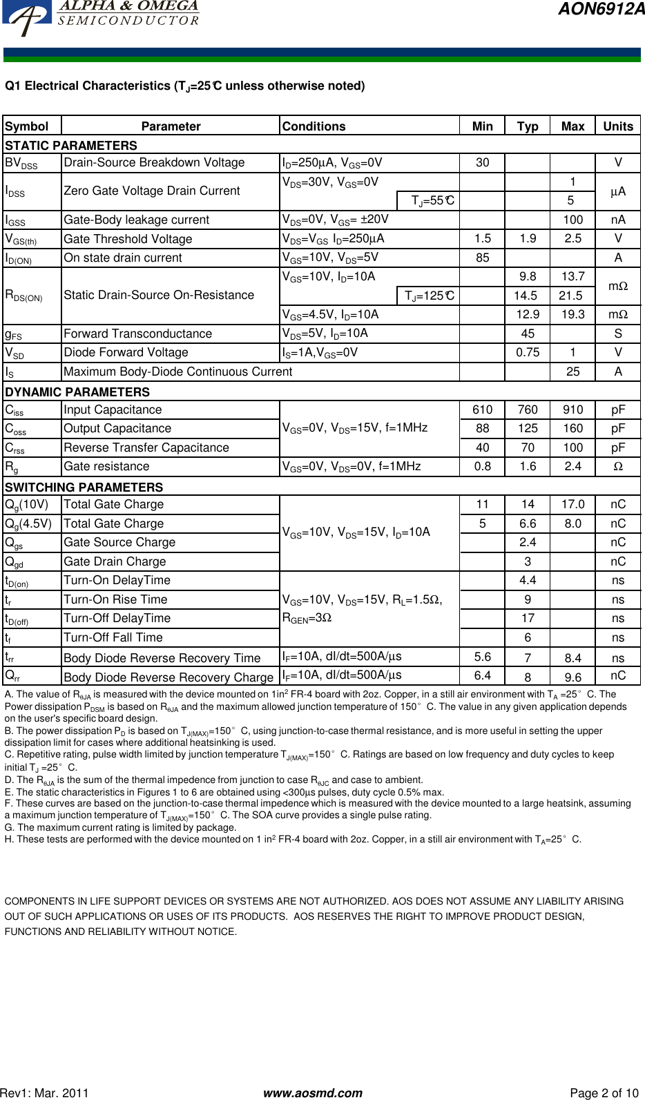 Page 2 of 12 - AON6912A - Datasheet. Www.s-manuals.com. R1 Ao