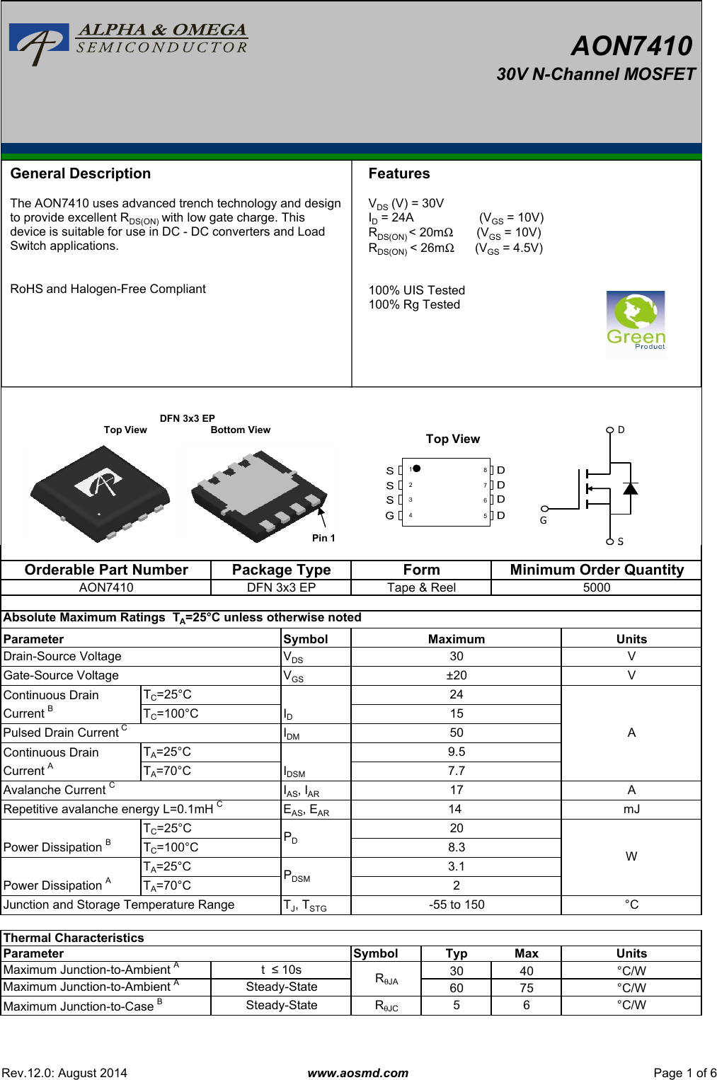 Page 1 of 8 - AON7410 - Datasheet. Www.s-manuals.com. R12 Ao