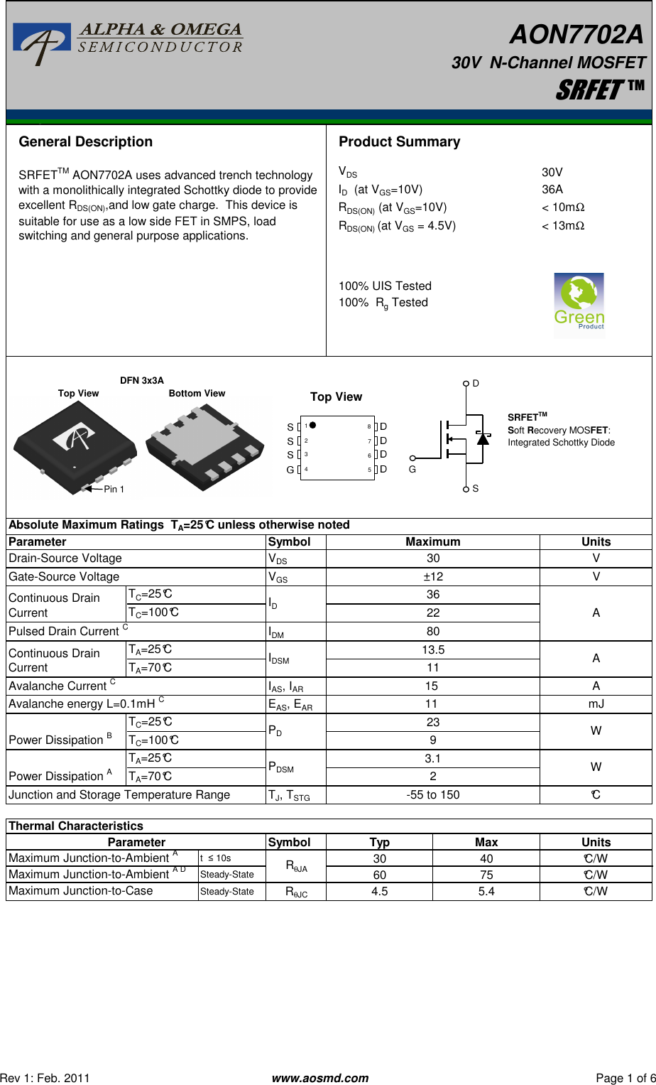 Page 1 of 8 - AON7702A - Datasheet. Www.s-manuals.com. R1 Ao
