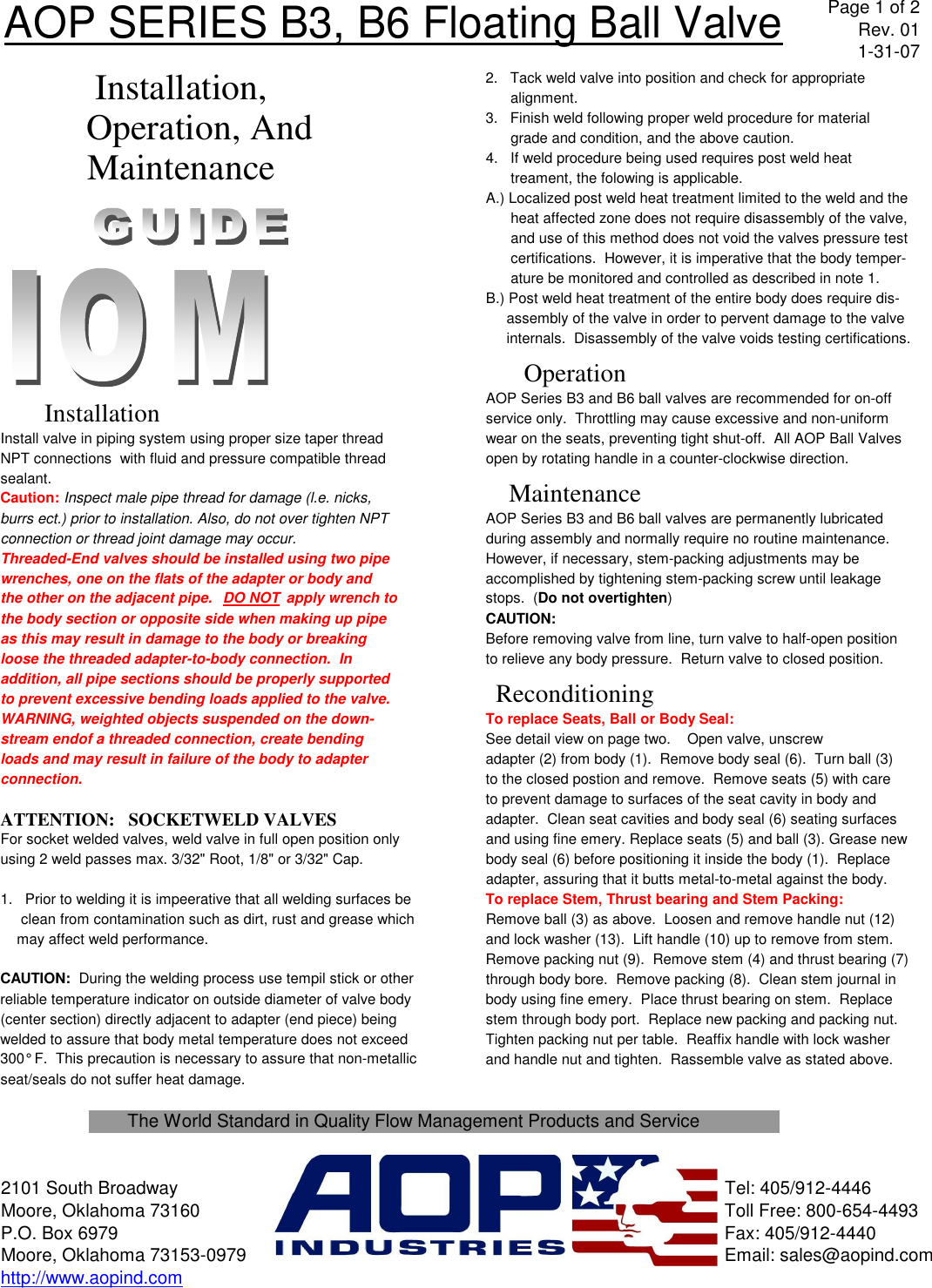 Page 1 of 2 - IOM-B3B6 Rev 01 AOP Series B3 And B6 Floating Ball Valve IOM Aop-b3-b6-iom