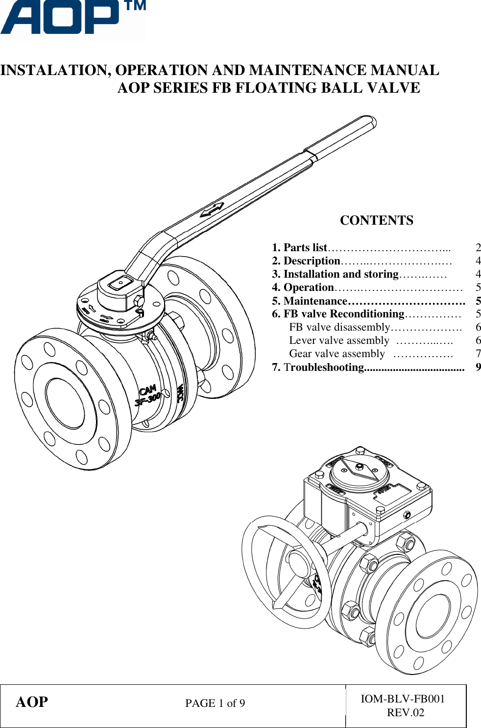 IOM BLV FB001 Rev 02 AOP Series FB Floating Ball Valve
