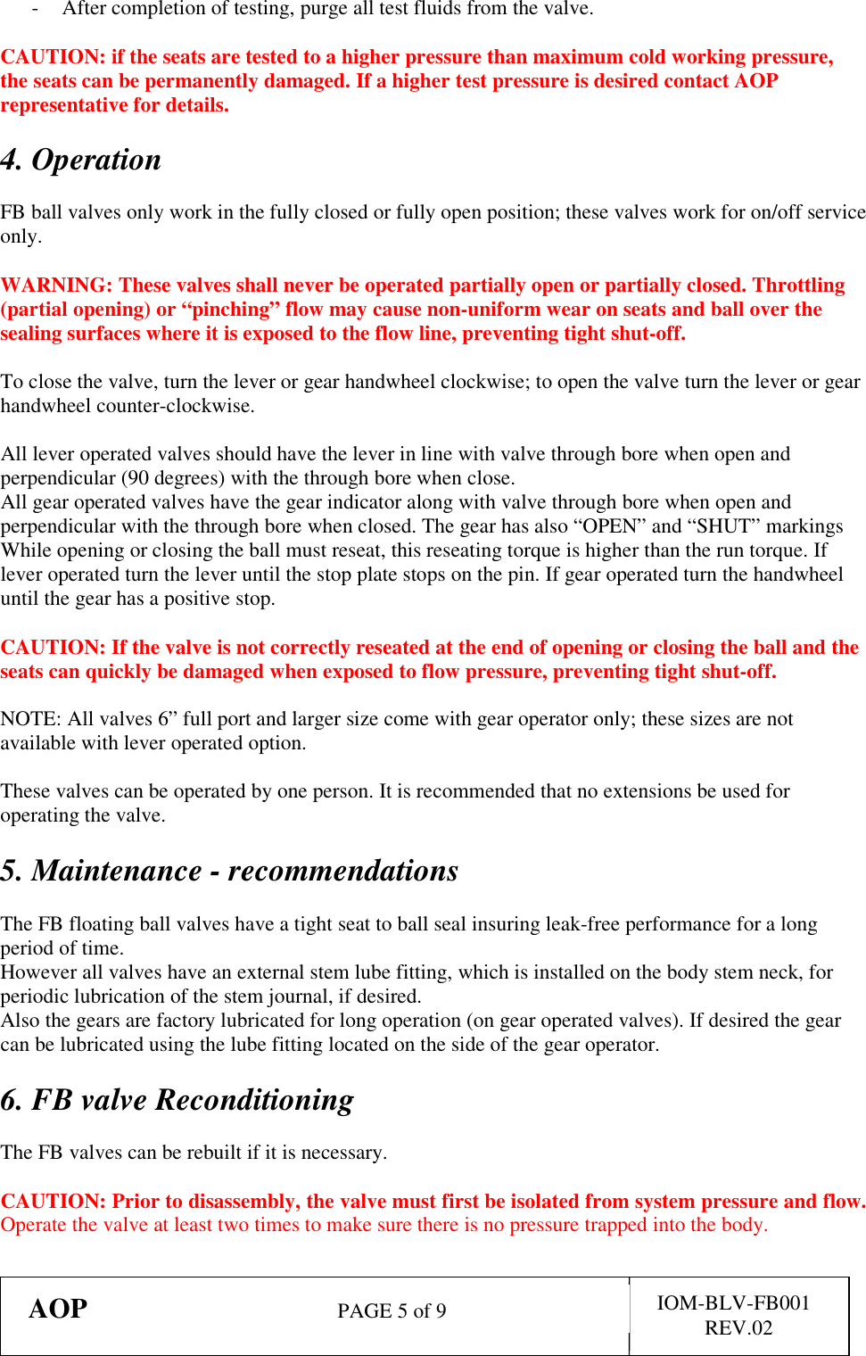 IOM BLV FB001 Rev 02 AOP Series FB Floating Ball Valve
