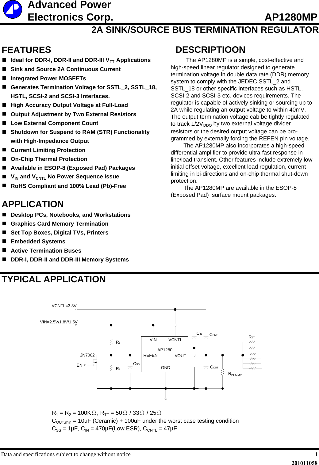 AP1280MP Datasheet. Www.s manuals.com. 20101105 Apec