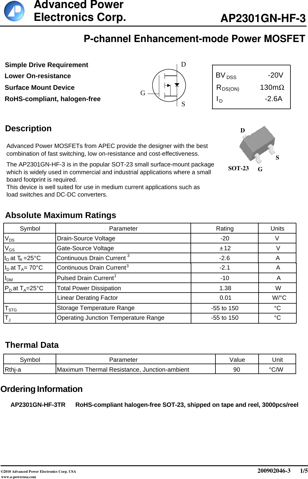 Page 1 of 6 - AP2301GN-HF-3 - Datasheet. Www.s-manuals.com. Apec