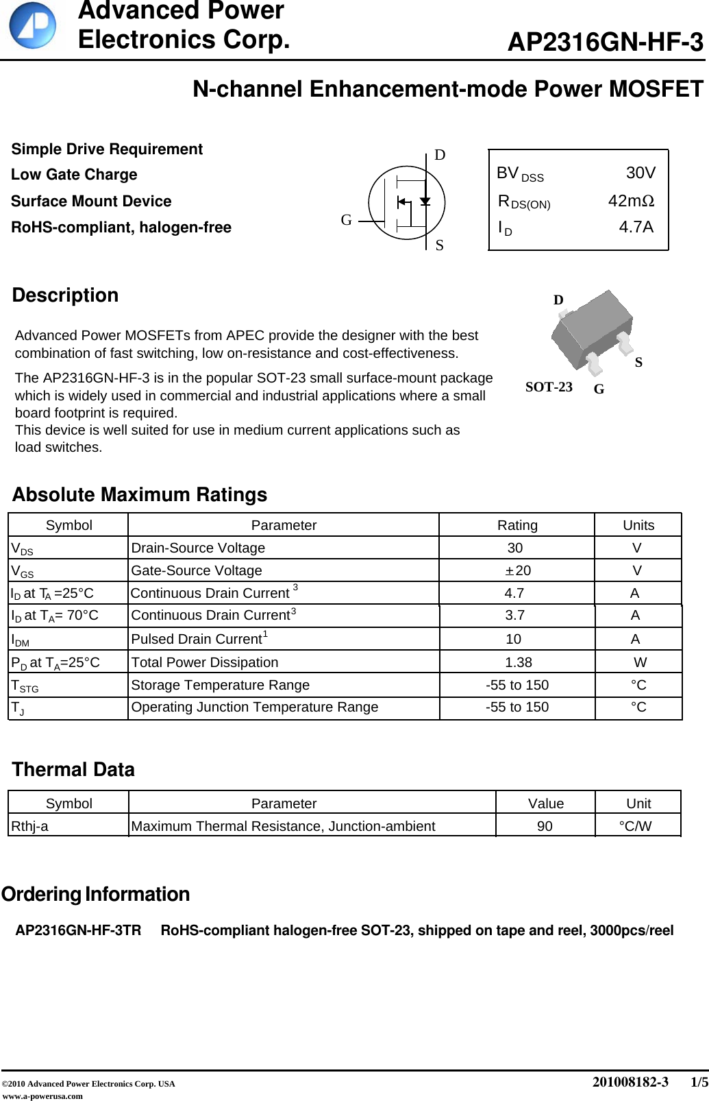 Page 1 of 6 - AP2316GN-HF-3 - Datasheet. Www.s-manuals.com. Apec