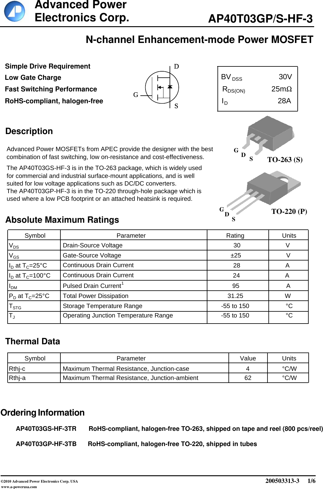 Page 1 of 7 - AP40T03GP-HF-3, AP40T03GS-HF-3 - Datasheet. Www.s-manuals.com. 20050331 Apec