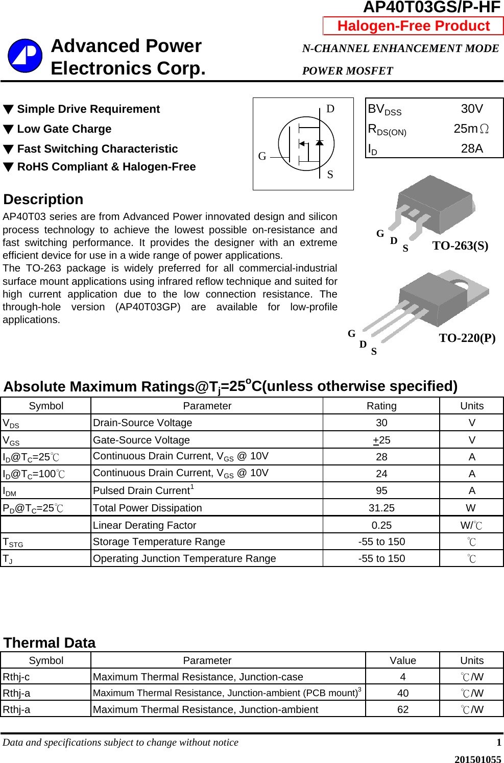 Page 1 of 6 - AP40T03GS-HF, AP40T03GP-HF - Datasheet. Www.s-manuals.com. 20150105 Apec