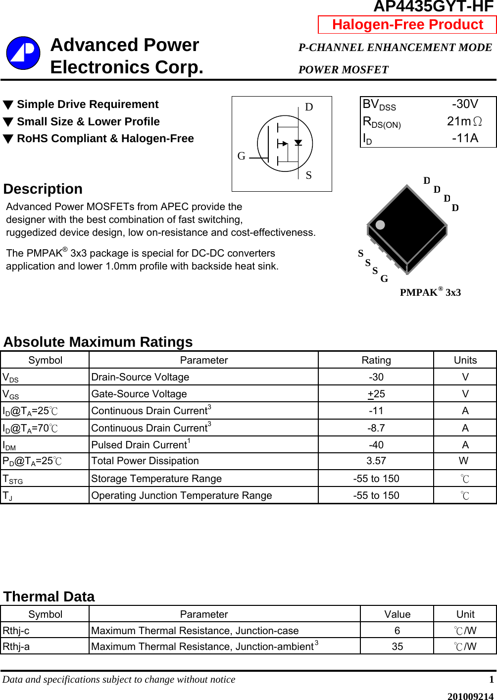 Page 1 of 5 - AP4435GYT-HF - Datasheet. Www.s-manuals.com. 20100921 Apec