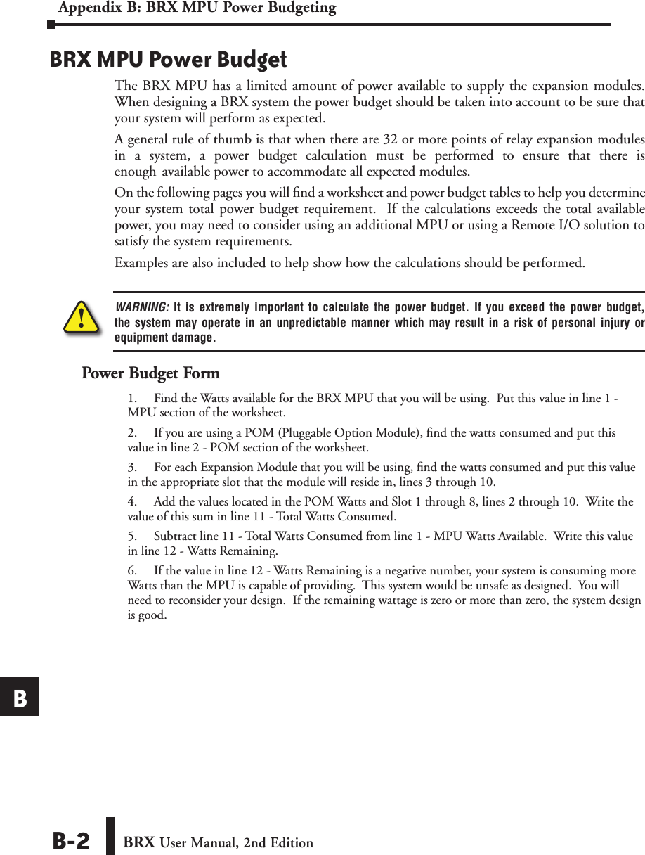Page 2 of 12 - BRX User Manual, 2nd Edition Appendix B Appxb