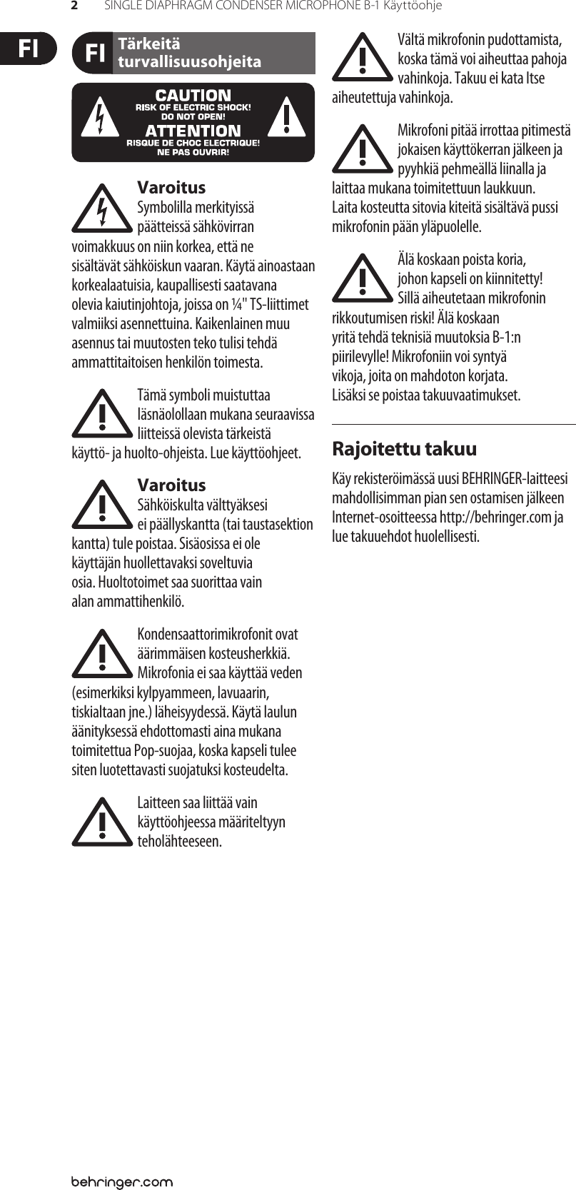Page 2 of 5 - B-1 Behringer User Manual (Finnish) P0142 M Fi