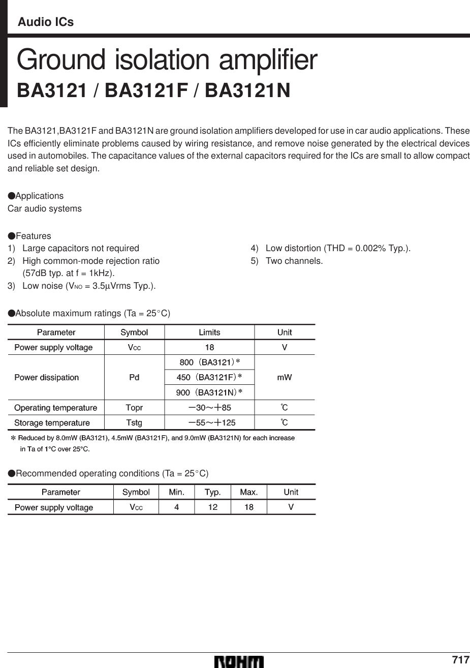 Page 1 of 10 - BA3121, BA3121F, BA3121N - Datasheet. Www.s-manuals.com. Rohm