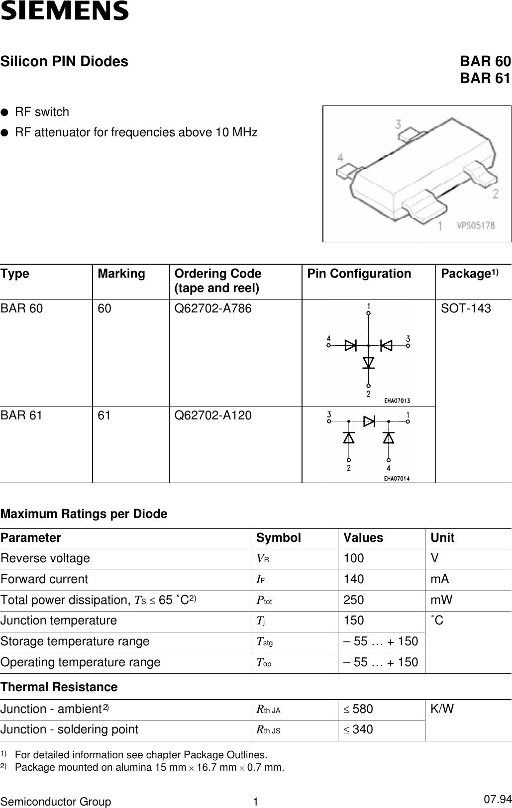Page 1 of 5 - BAR60, BAR61 - Datasheet. Www.s-manuals.com. Siemens