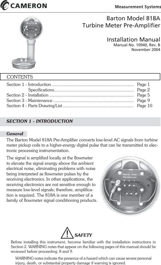 Page 1 of 12 - Barton--818-turbine-meters-preamplifiers-iom