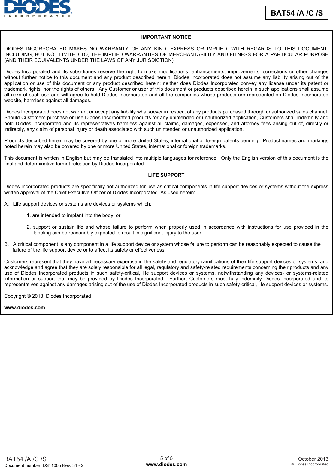 Page 5 of 6 - BAT54, BAT54A, BAT54C, BAT54S - Datasheet. Www.s-manuals.com. Bat54 Series R31-2 Diodes