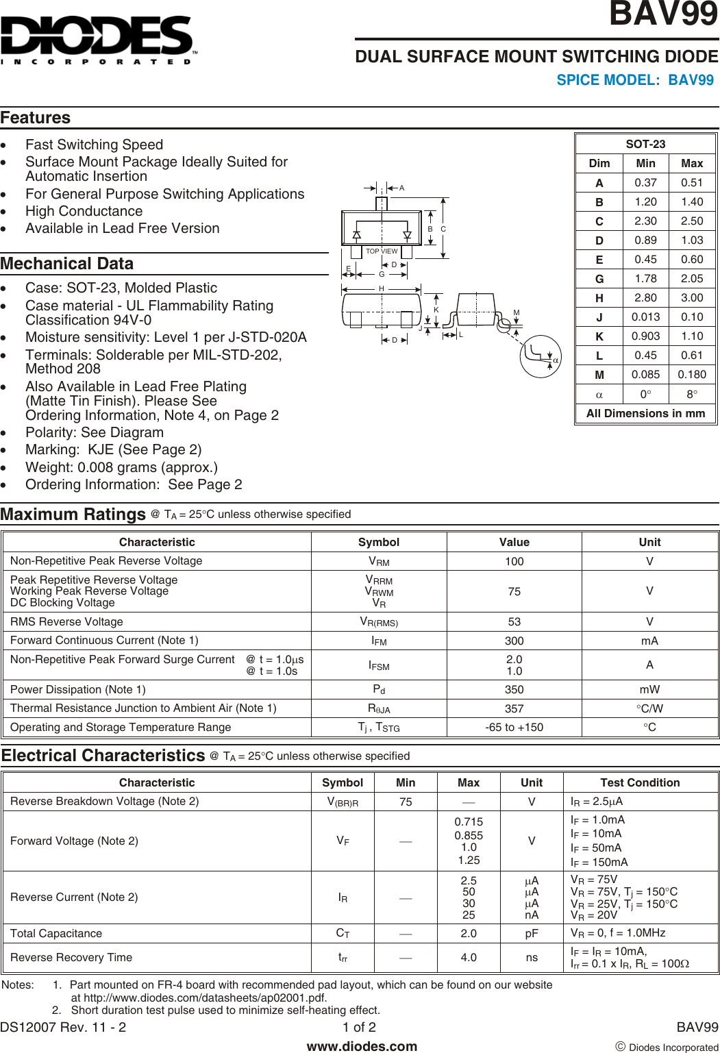 BAV99 Datasheet. Www.s Diodes