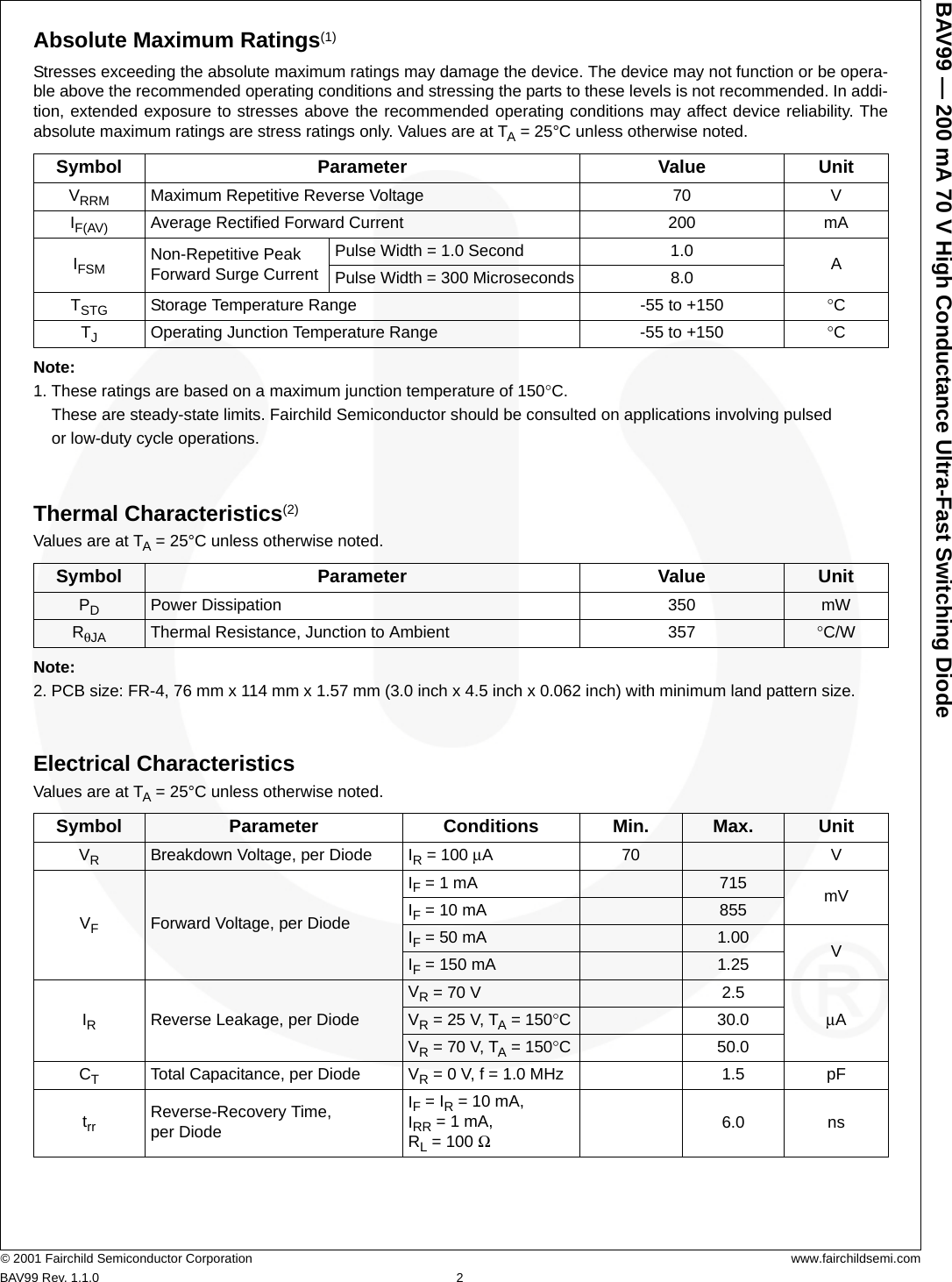 Page 2 of 7 - BAV99 - Datasheet. Www.s-manuals.com. R1.1.0 Fairchild