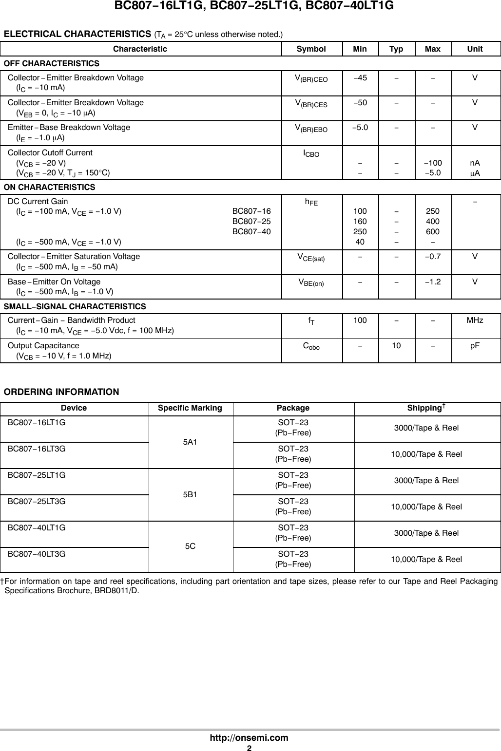 Page 2 of 5 - BC807-16LT1G, BC807-25LT1G, BC807-40LT1G - Datasheet. Www.s-manuals.com. On