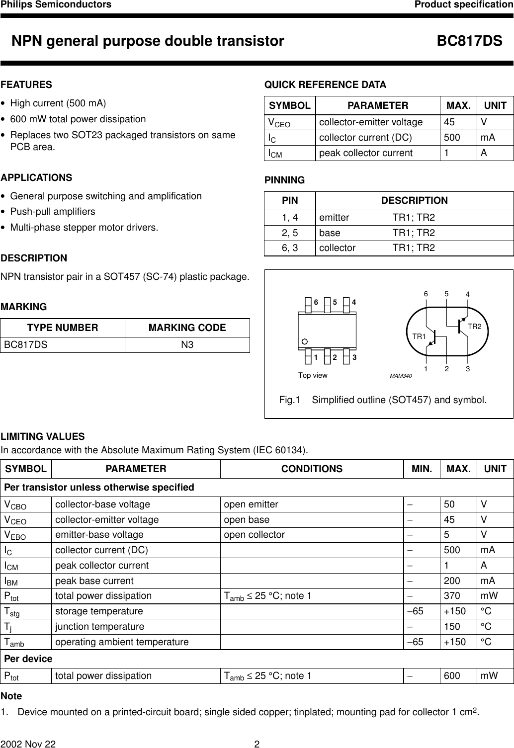 Page 2 of 8 - BC817DS NPN General Purpose Double Transistor Philips