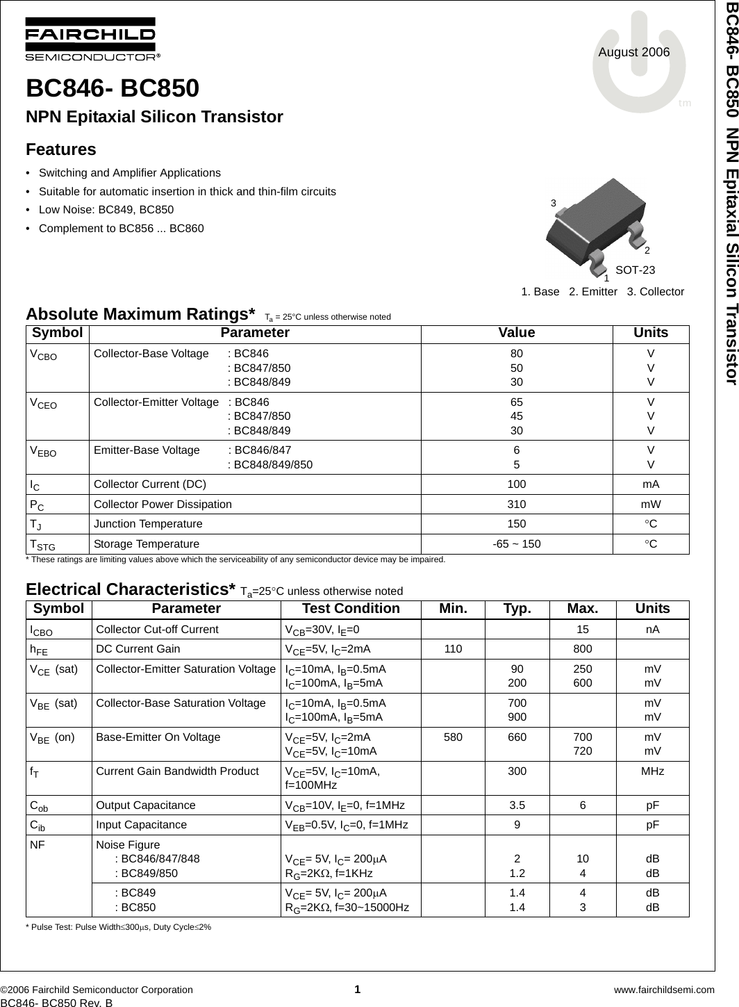 Page 1 of 6 - BC846, BC847, BC848, BC849, BC850 - Datasheet. Www.s-manuals.com. Fairchild