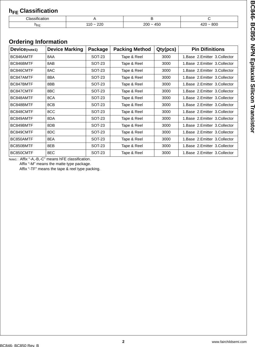 BC846, BC847, BC848, BC849, BC850 Datasheet. Www.s manuals.com. Fairchild