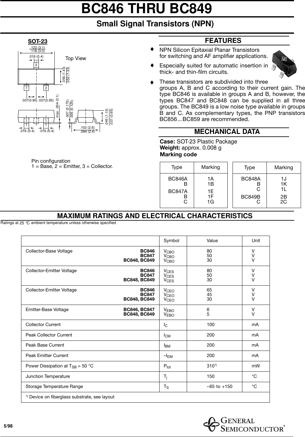 Page 1 of 7 - BC846, BC847, BC848, BC849 - Datasheet. Www.s-manuals.com. Bc846-bc849 General