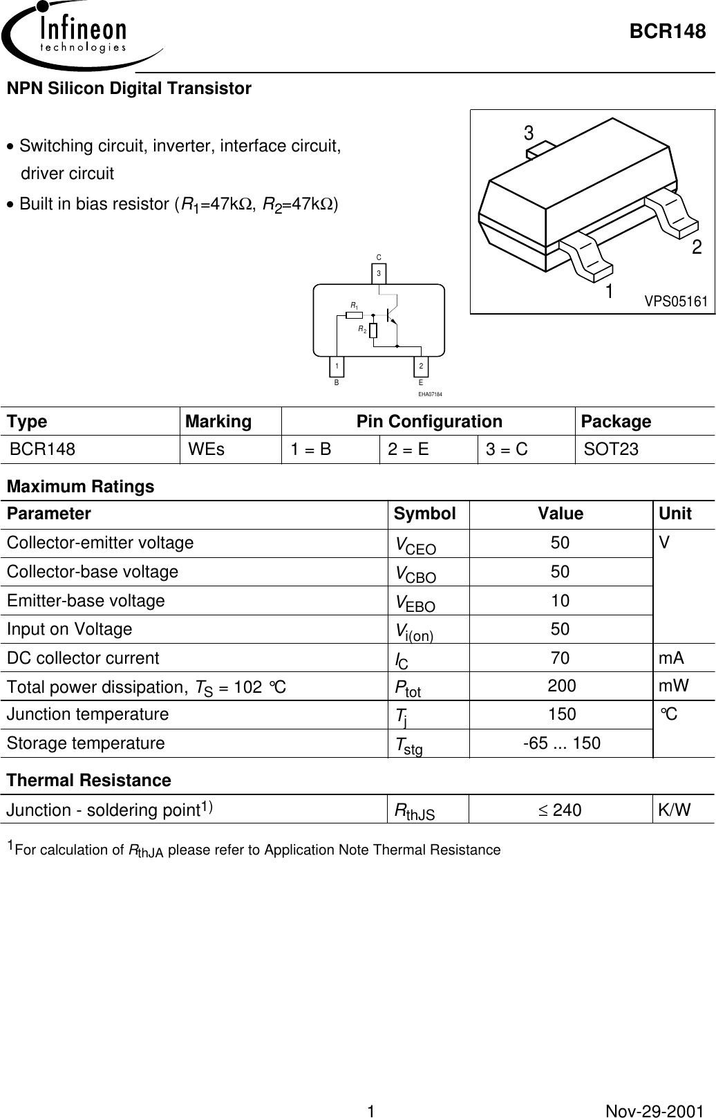 Page 1 of 5 - BCR148 - Datasheet. Www.s-manuals.com. Infineon