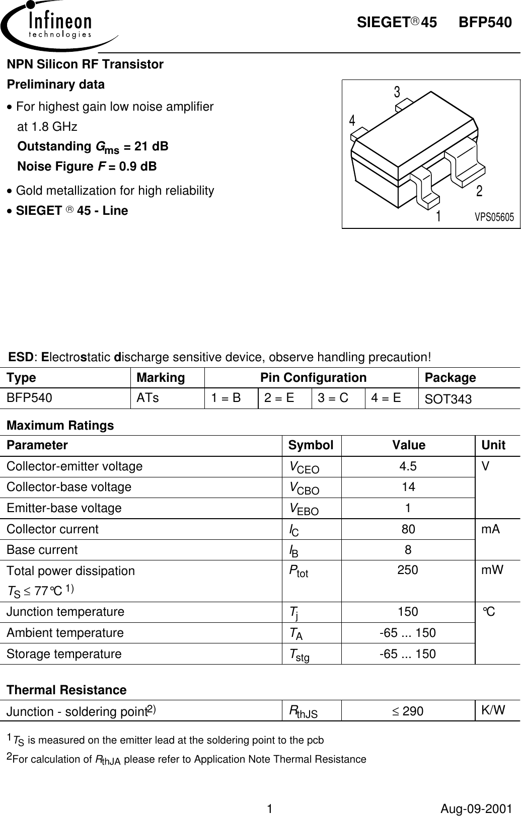 Page 1 of 9 - BFP540 - Datasheet. Www.s-manuals.com. Infineon