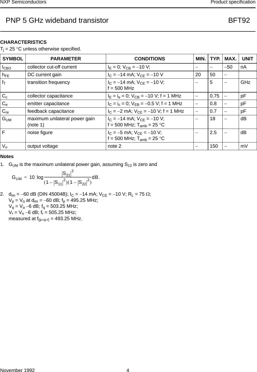 Page 4 of 10 - BFT92 PNP 5 GHz Wideband Transistor Nxp