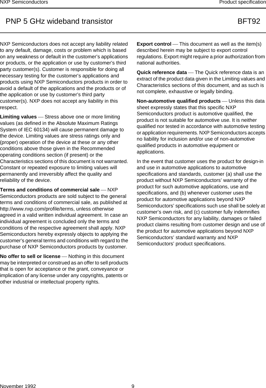 Page 9 of 10 - BFT92 PNP 5 GHz Wideband Transistor Nxp