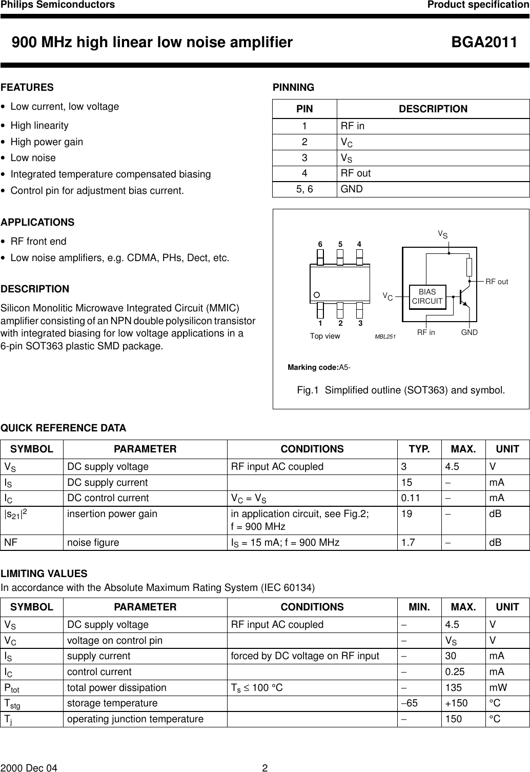 Page 2 of 12 - BGA2011 900 MHz High Linear Low Noise. Amplifier Philips