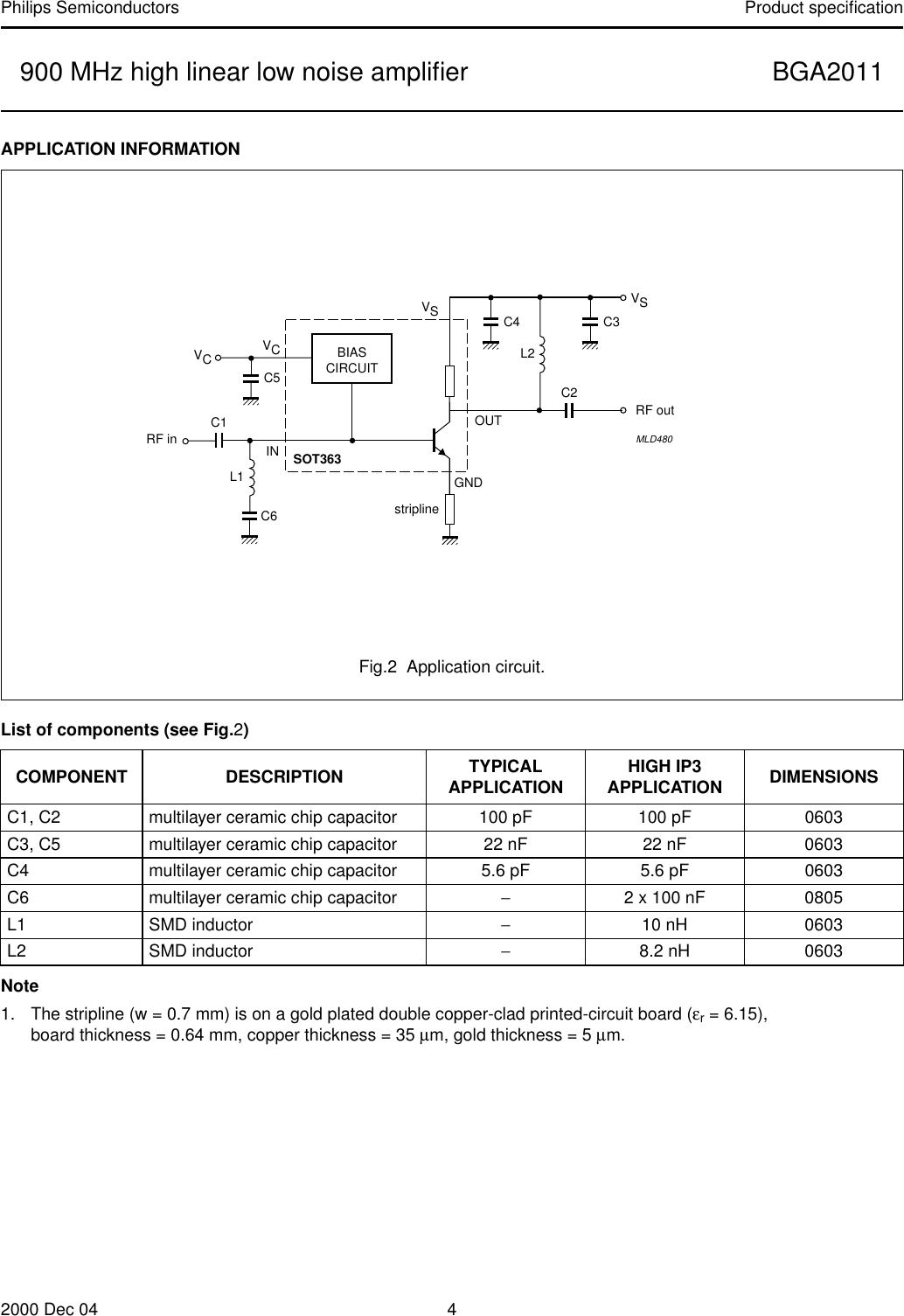 Page 4 of 12 - BGA2011 900 MHz High Linear Low Noise. Amplifier Philips