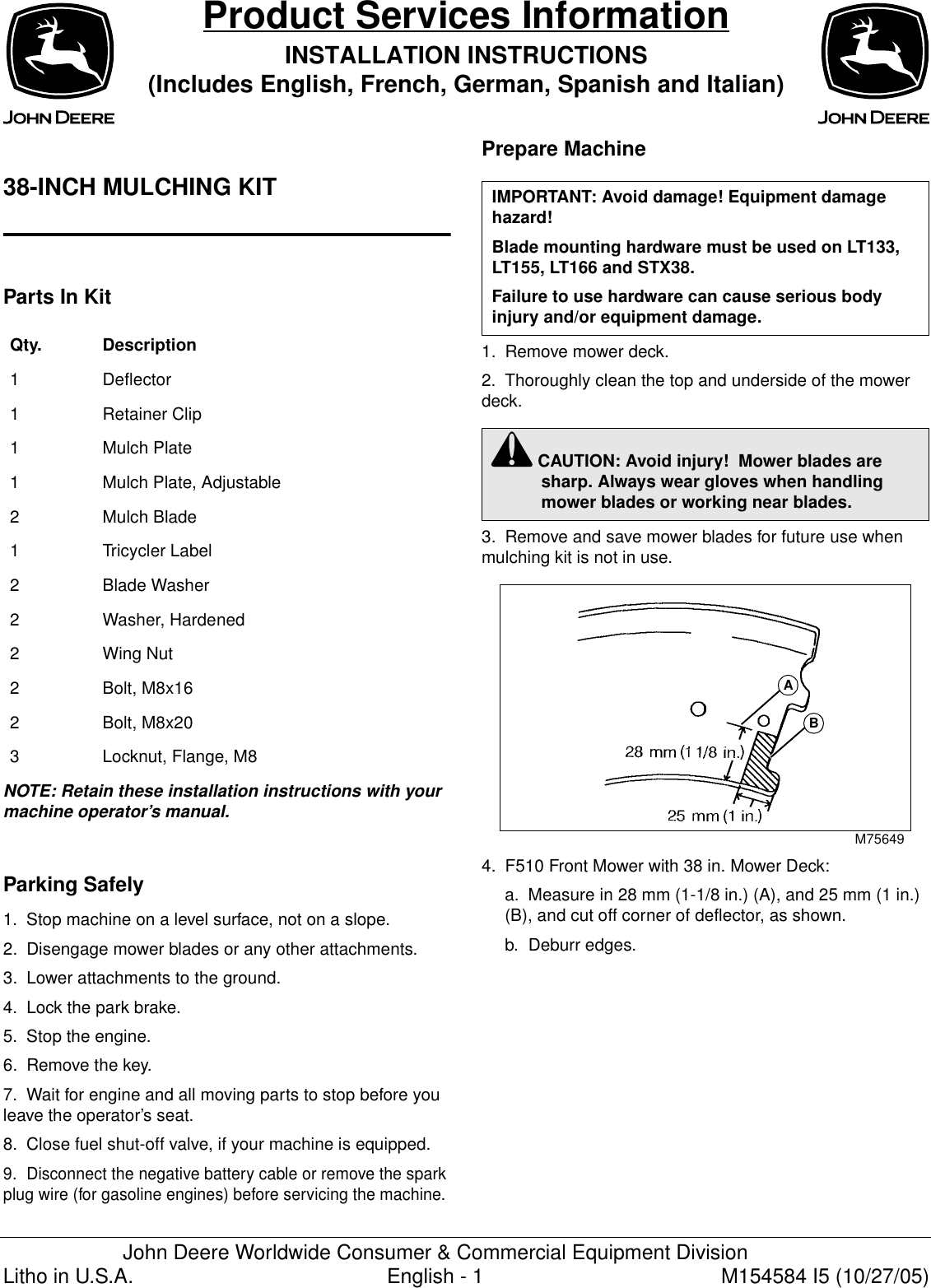 38 Inch Mulching Kit !! Bm21817 Installation Instructions