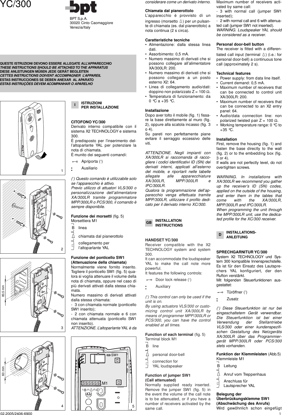 Page 1 of 2 - YC/300 2406-6900 02.2005 Bpt_yc300 24066900 02_05 Bpt Yc300 02 05