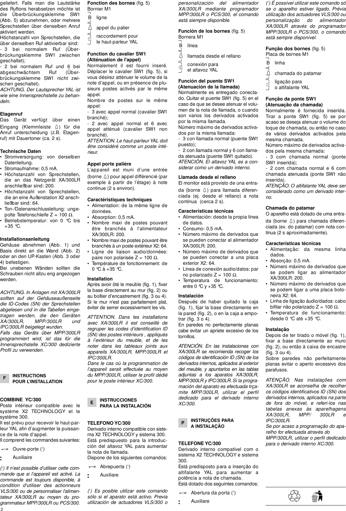 Page 2 of 2 - YC/300 2406-6900 02.2005 Bpt_yc300 24066900 02_05 Bpt Yc300 02 05