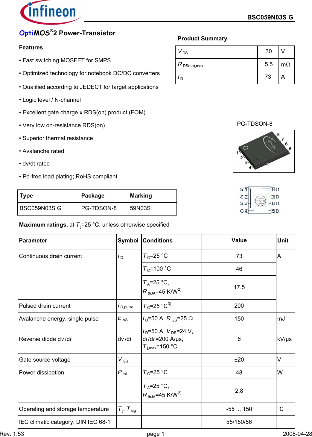 Page 1 of 11 - BSC059N03S G - Datasheet. Www.s-manuals.com. Bsc059n03sg Infineon