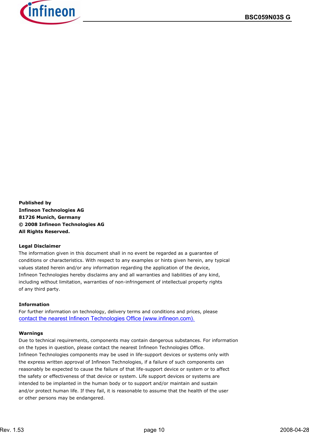 Page 10 of 11 - BSC059N03S G - Datasheet. Www.s-manuals.com. Bsc059n03sg Infineon