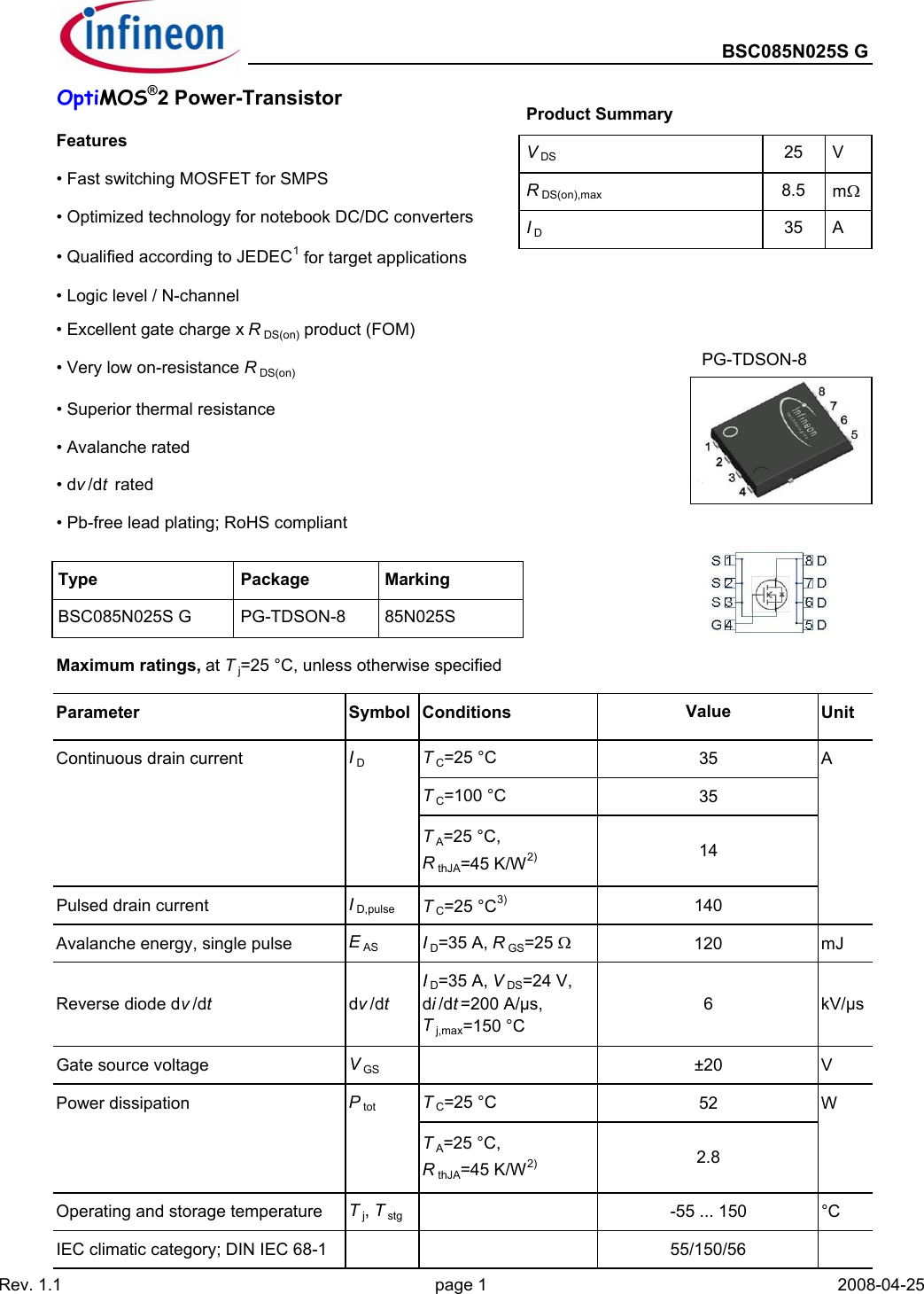 Page 1 of 11 - BSC085N025S G - Datasheet. Www.s-manuals.com. Bsc085n025sg Infineon