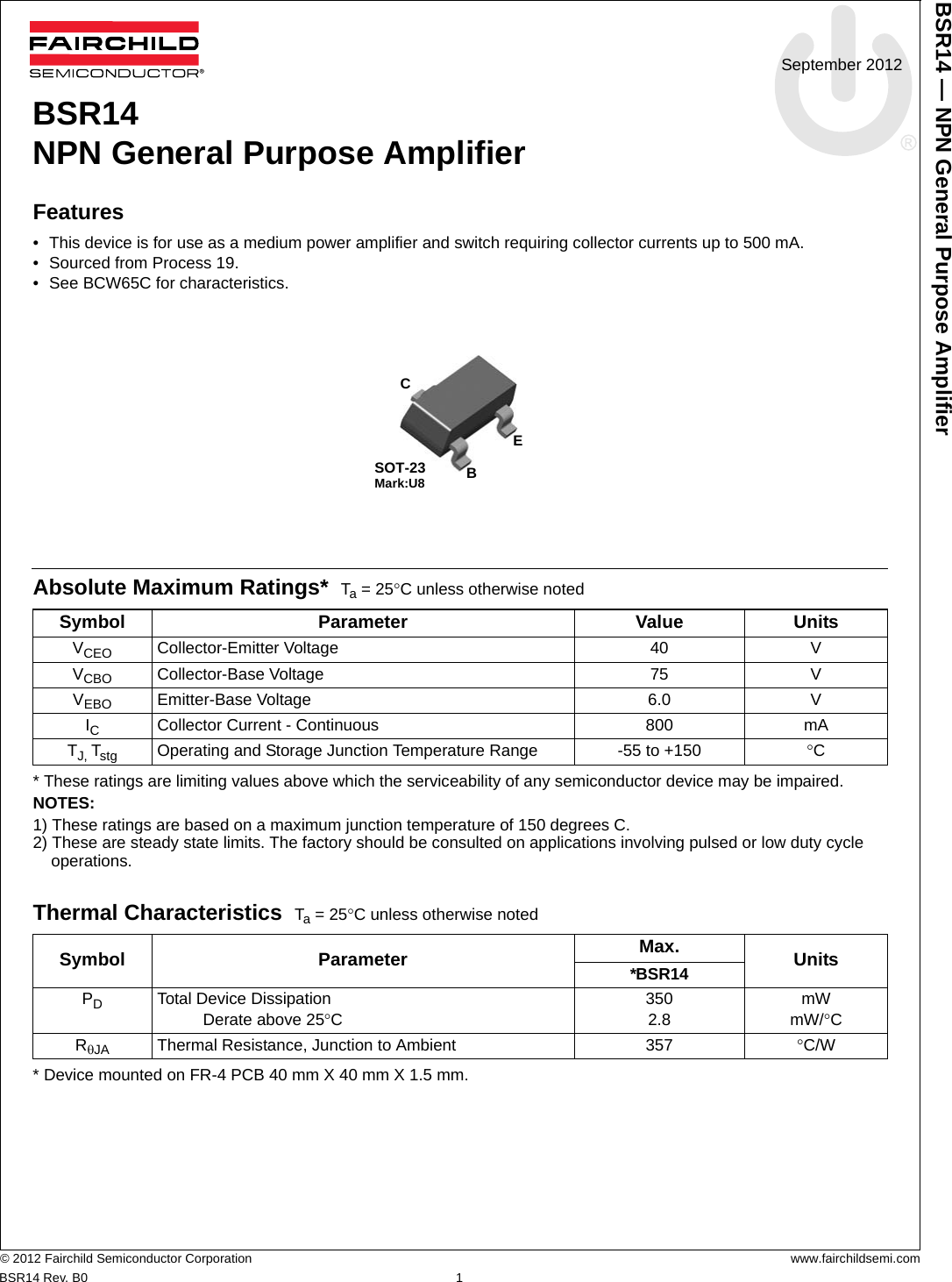 Page 1 of 4 - BSR14 - Datasheet. Www.s-manuals.com. Fairchild