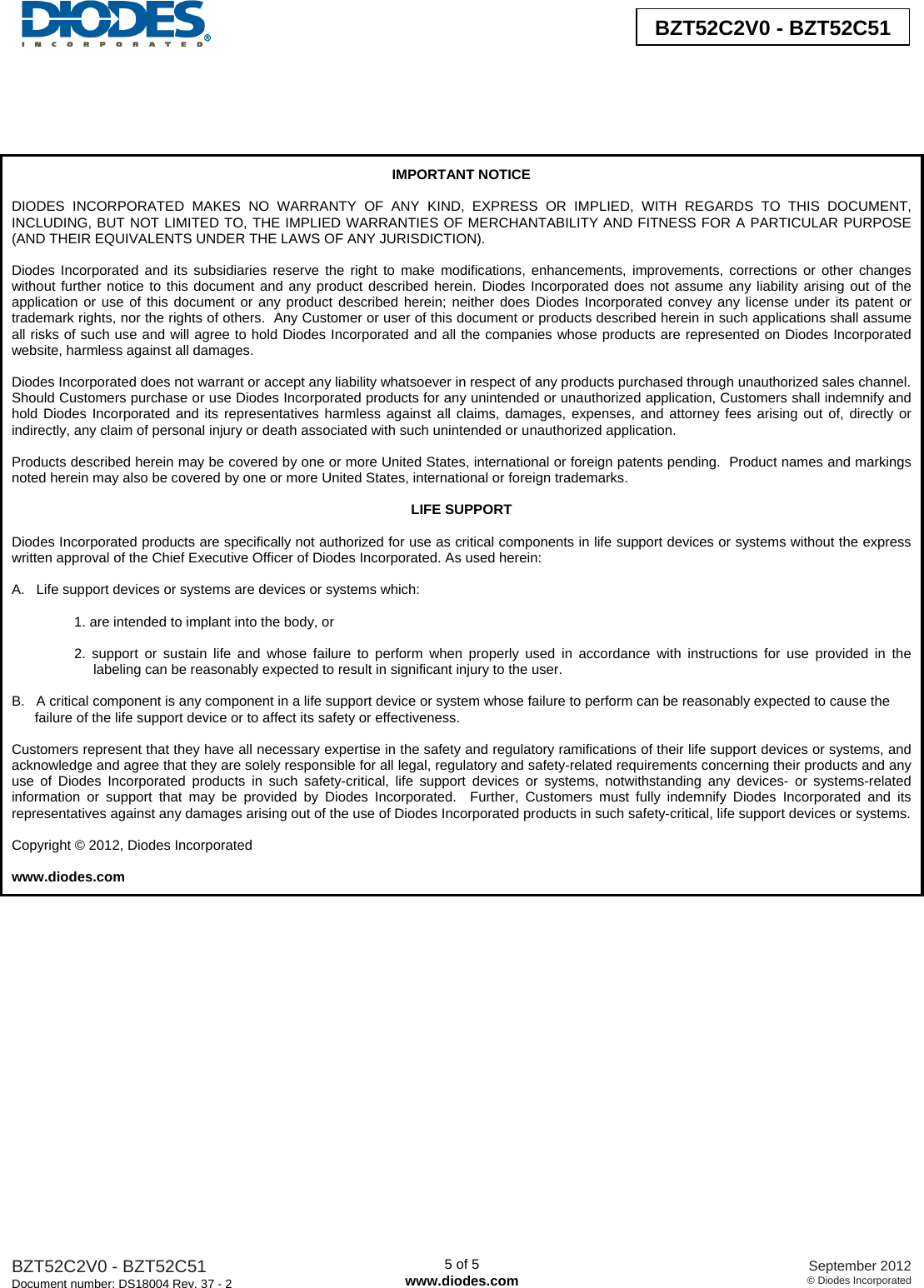 Page 5 of 6 - BZT52C2V0-BZT52C51 - Datasheet. Www.s-manuals.com. R37-2 Diodes