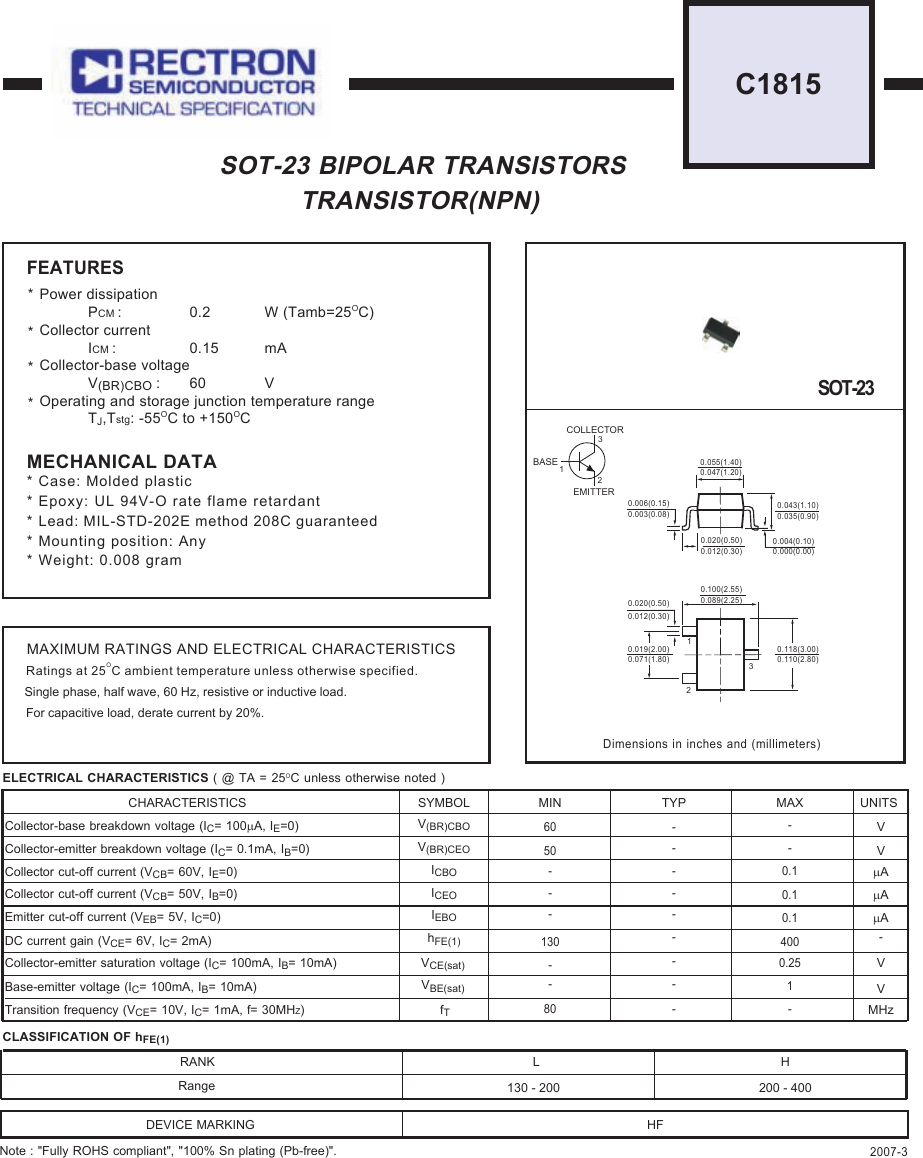 Page 1 of 3 - C1815L - Datasheet. Www.s-manuals.com. C1815 20060829 Rectron