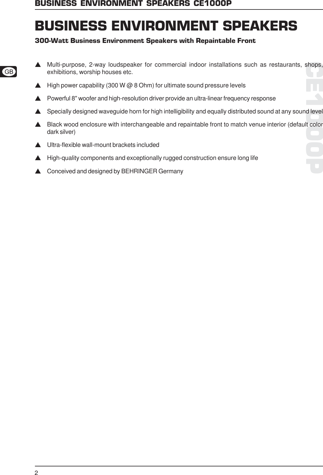 Page 2 of 3 - CE1000P_Specs_Rev_A.PMD Behringer CE1000P Specification Sheet P0388 S En