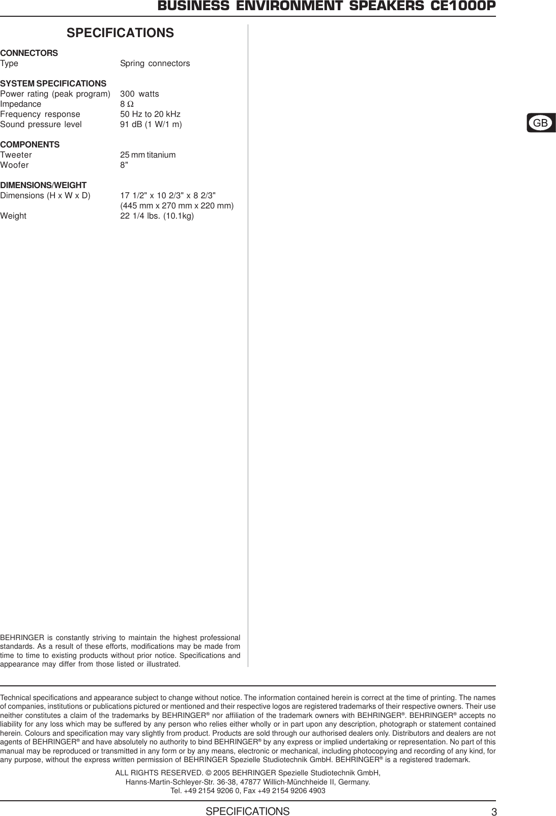 Page 3 of 3 - CE1000P_Specs_Rev_A.PMD Behringer CE1000P Specification Sheet P0388 S En